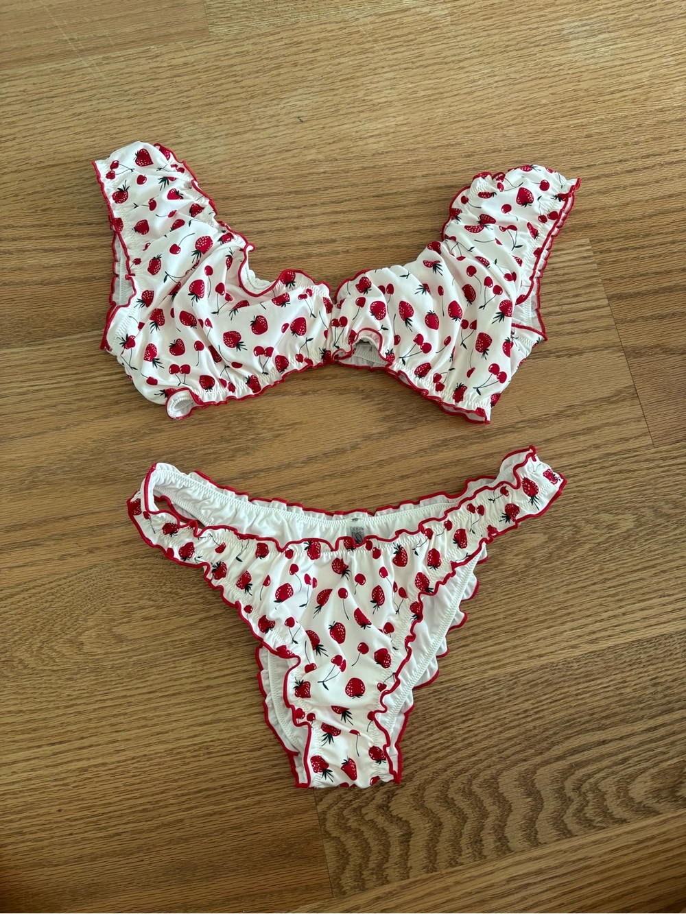 White and Red Strawberry Print Ruffle bikini